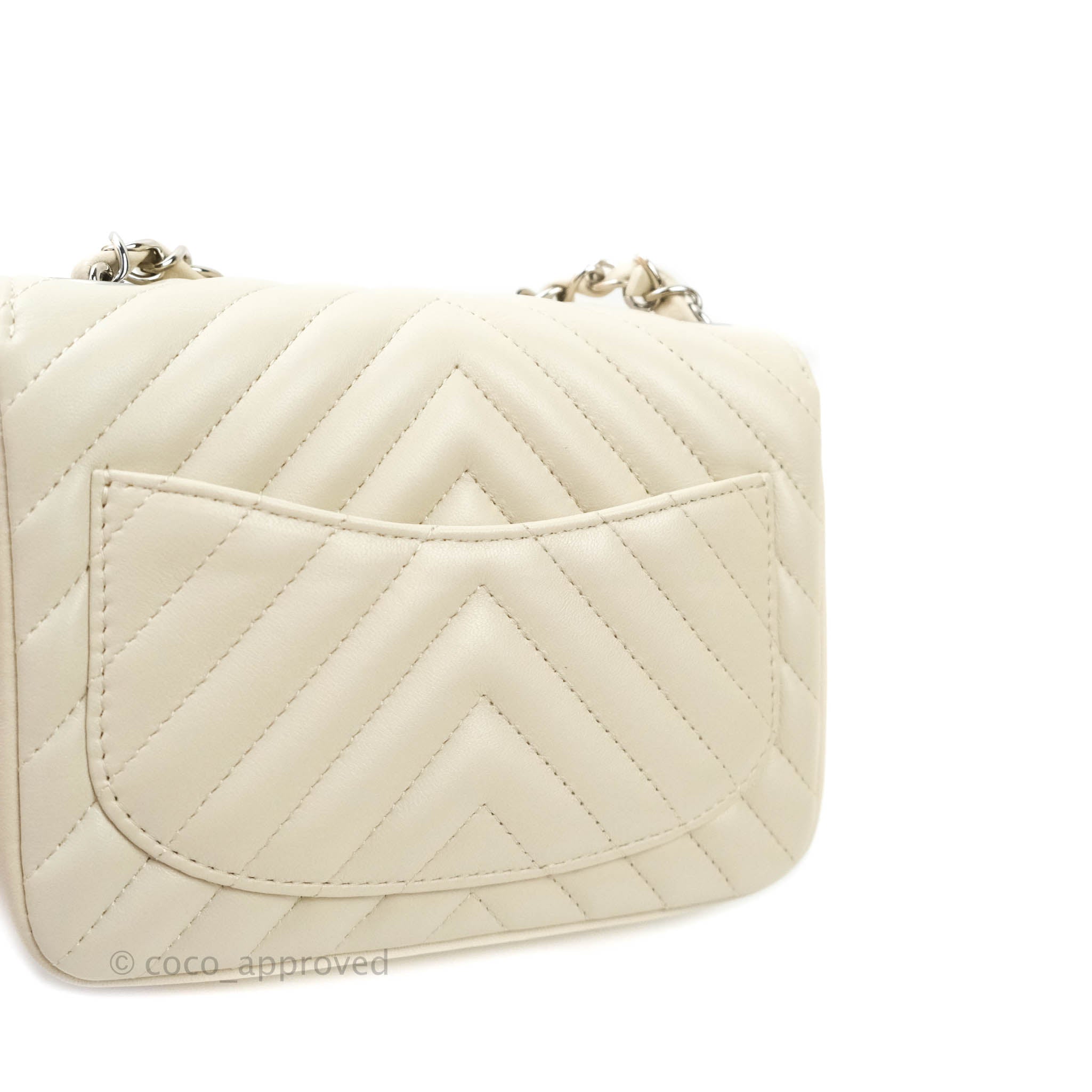 Chanel Mini Square Chevron White Ivory Lambskin Silver Hardware