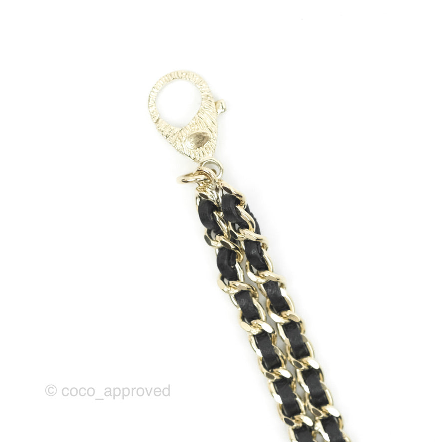Chanel Black Leather Chain Braided Pearl Crystal CC Drop Choker Gold Tone  21B