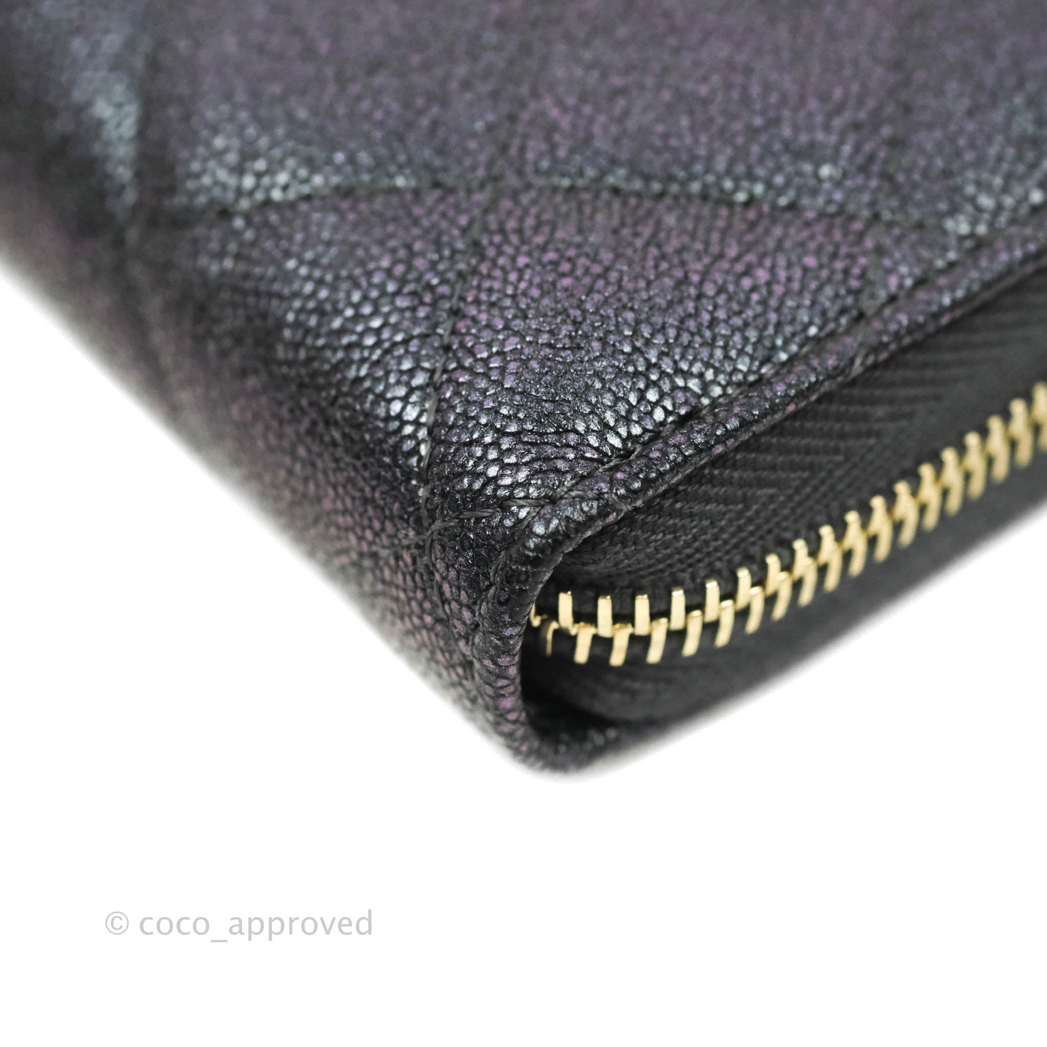 Chanel Quilted Zip Around Travel Wallet Iridescent Black Caviar Gold H –  Coco Approved Studio