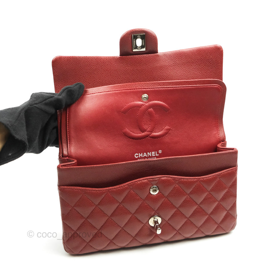 Chanel Classic M/L Medium Double Flap Dark Red Caviar Silver
