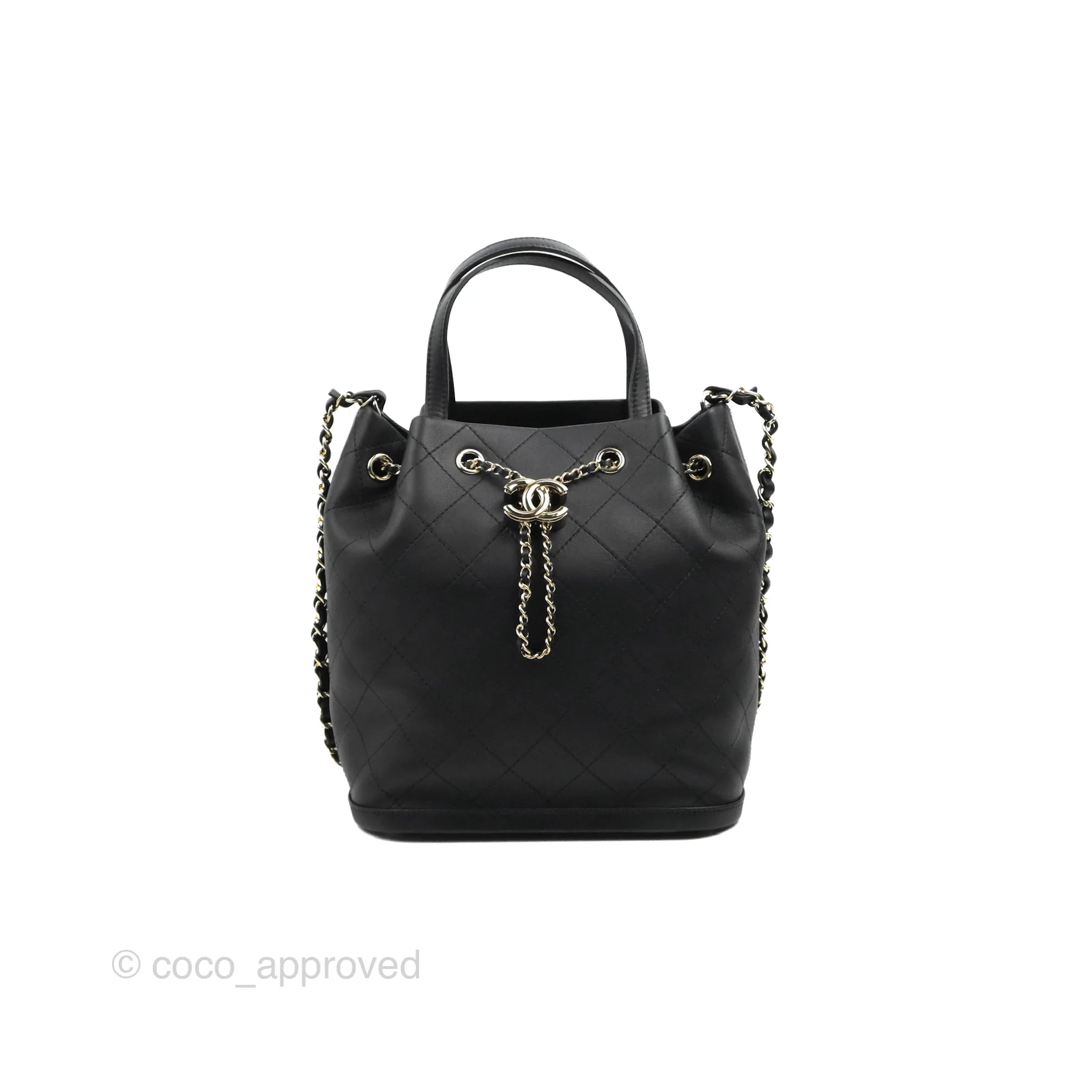Chanel Drawstring Bucket Bag with Top Handle Black Calfskin Gold