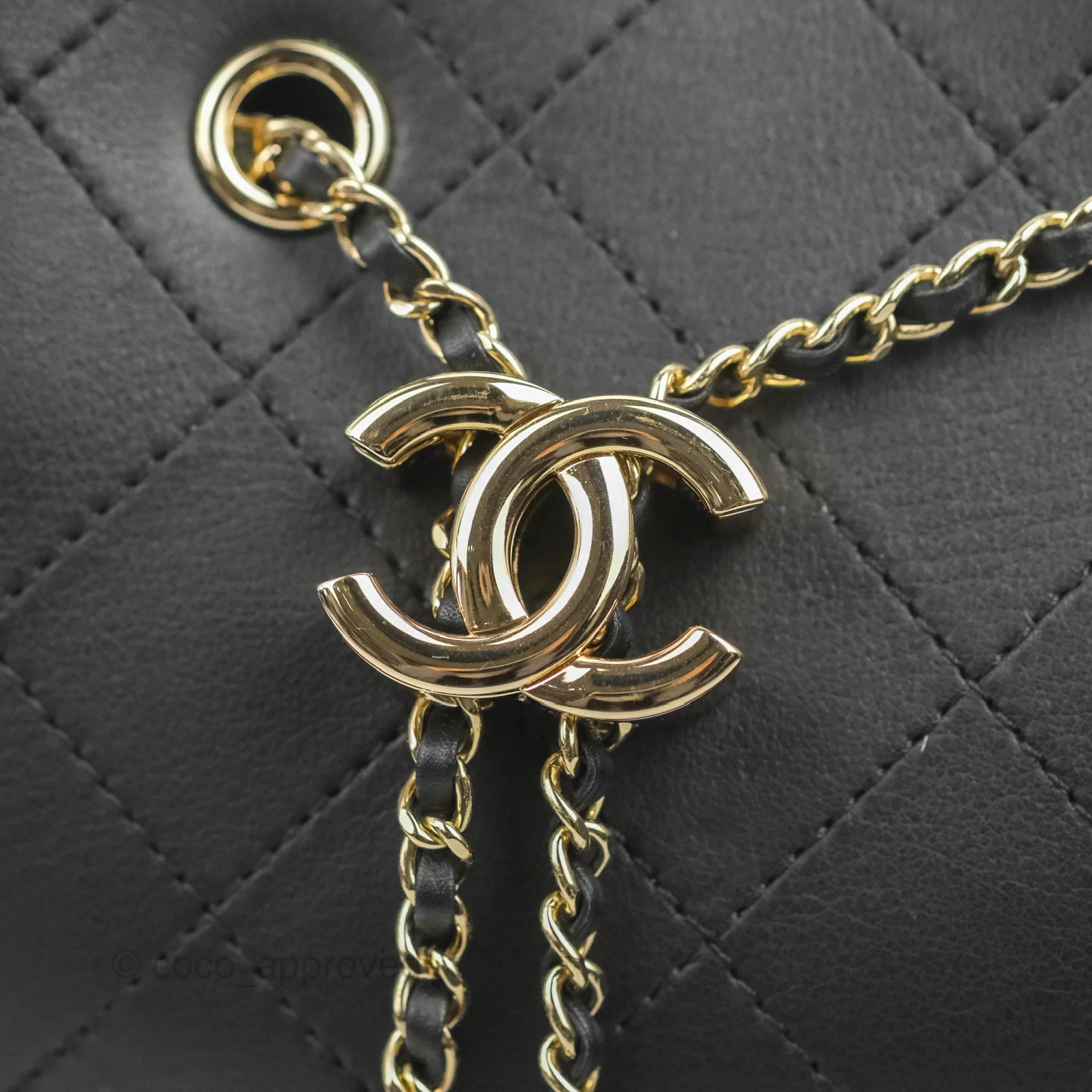 Chanel Black Quilted Caviar Micro Drawstring Bucket Bag with Chain Gold Hardware, 2021 (Very Good)