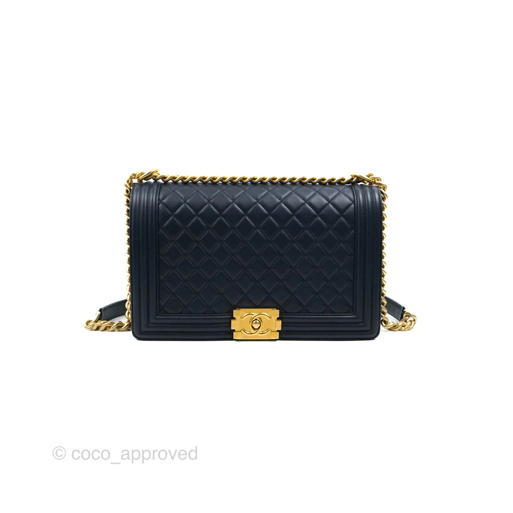 Chanel Quilted New Medium Boy Navy Lambskin Aged Gold Hardware