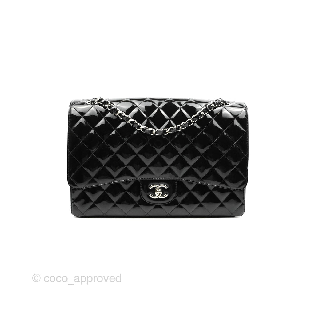 Chanel Quilted Maxi Single Flap Black Patent Silver Hardware