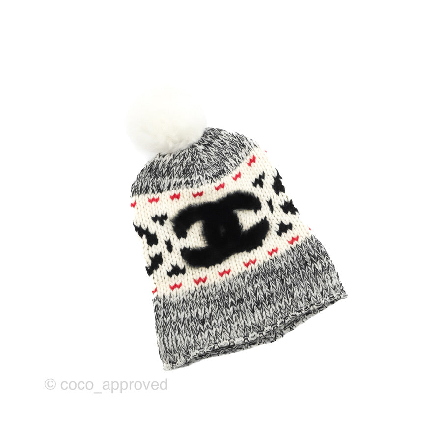 Chanel Wool Shearling CC Beanie Hat White Black Red