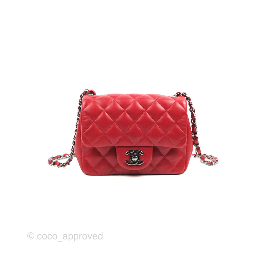Chanel Quilted Mini Square Red Lambskin Gun Metal