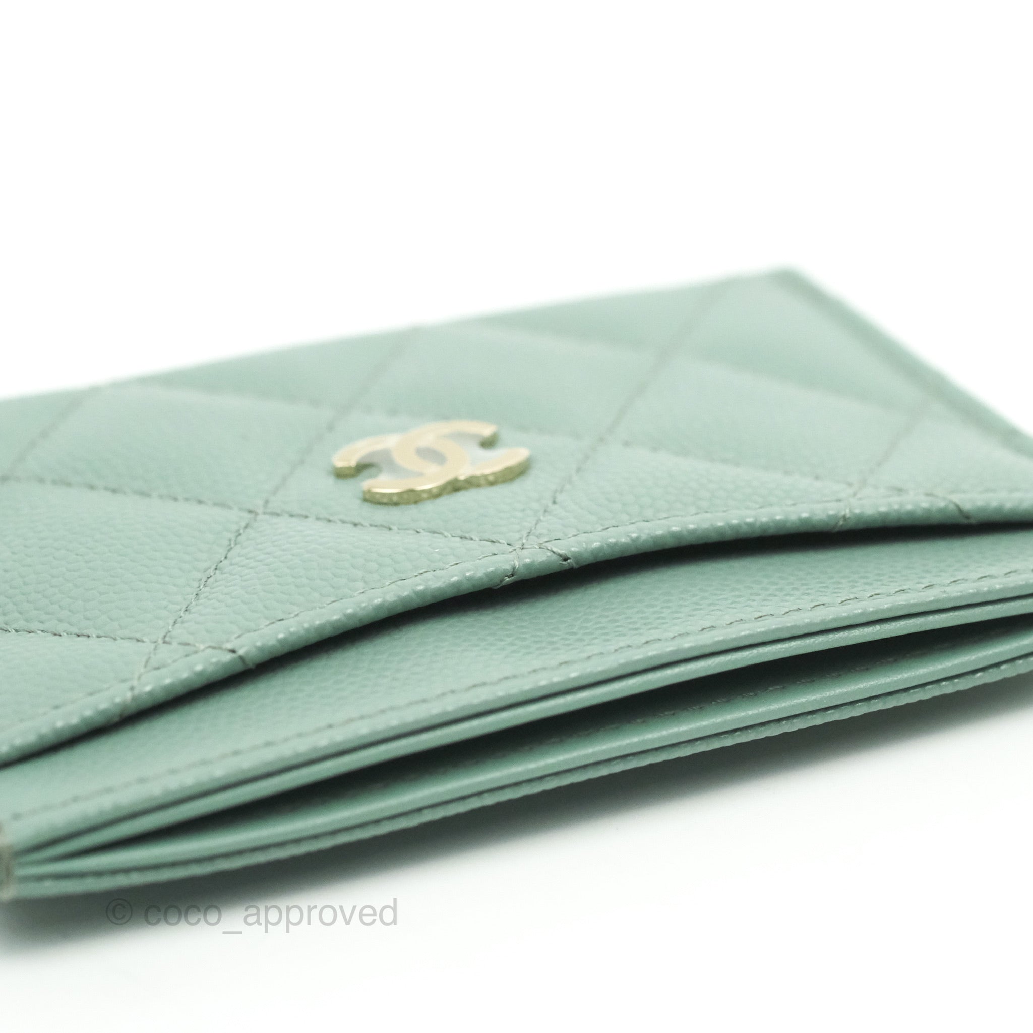 Chanel Classic Flat Card Holder Blue Tiffany Green Caviar Gold Hardwar –  Coco Approved Studio