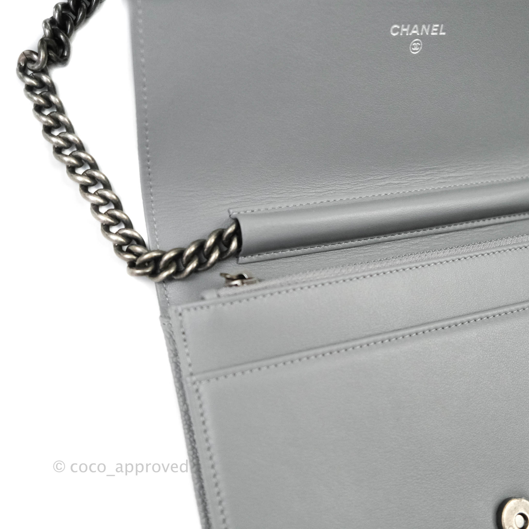 Chanel Silver Caviar Chevron Quilted Boy Wallet On A Chain