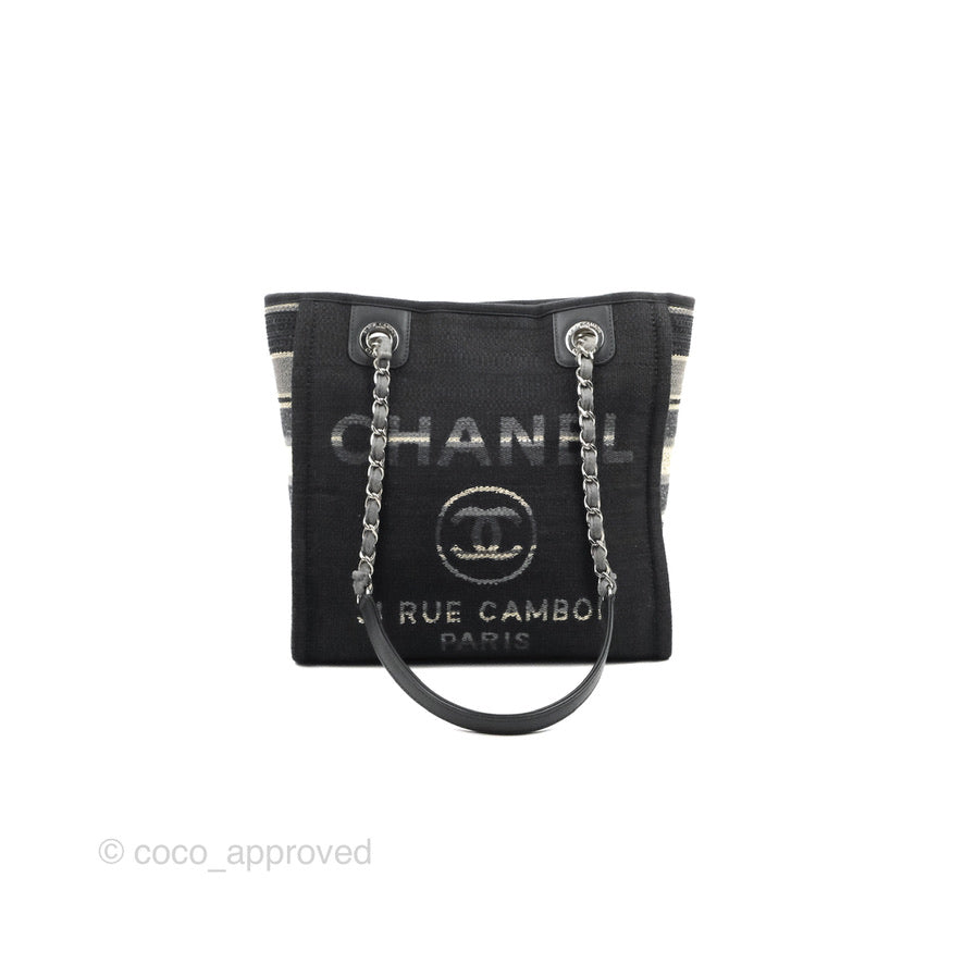 Chanel Mini Deauville Tote Black Stripe Canvas Silver Hardware