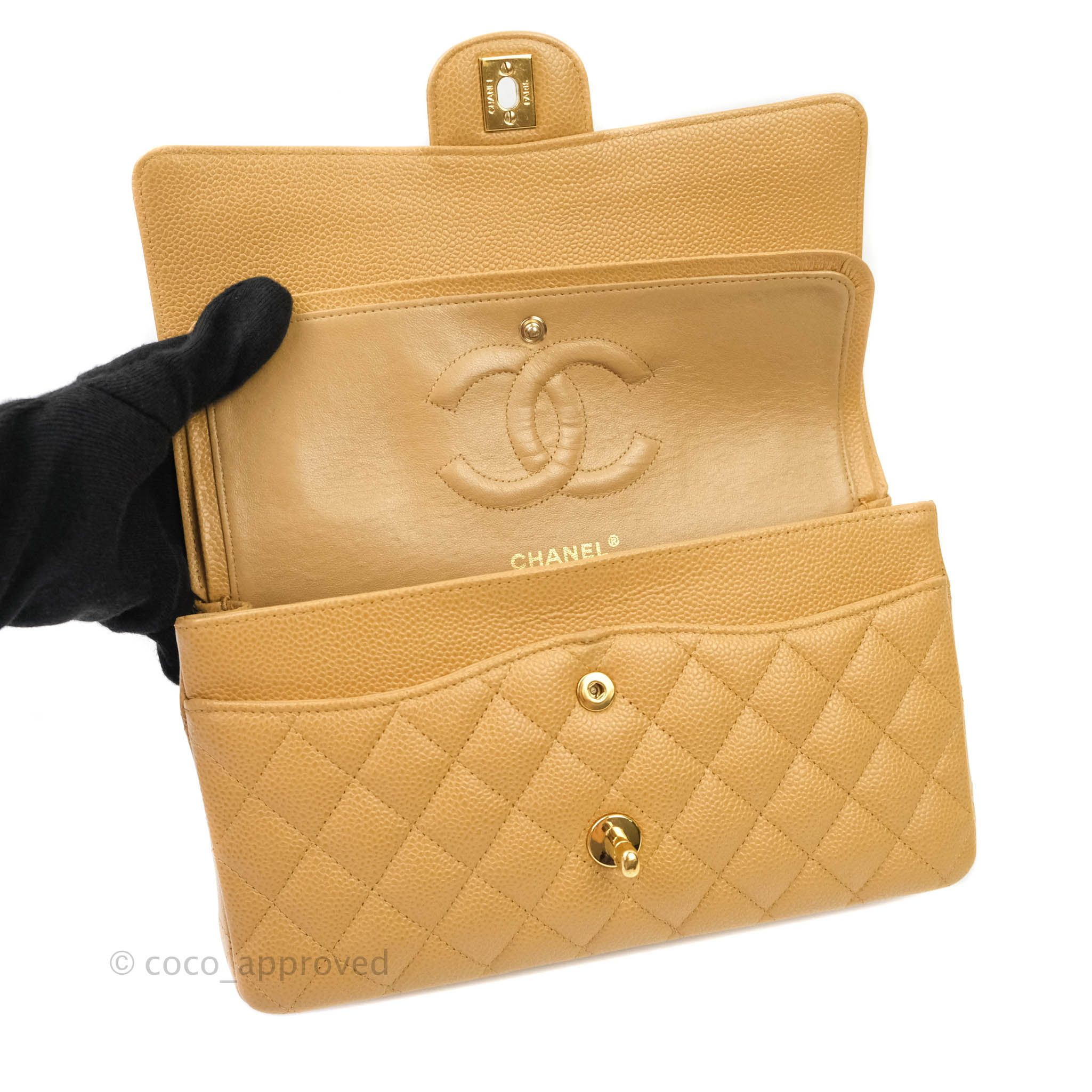Chanel Medium Classic Double Flap Bag Dark Beige Caviar Light Gold Har –  Madison Avenue Couture