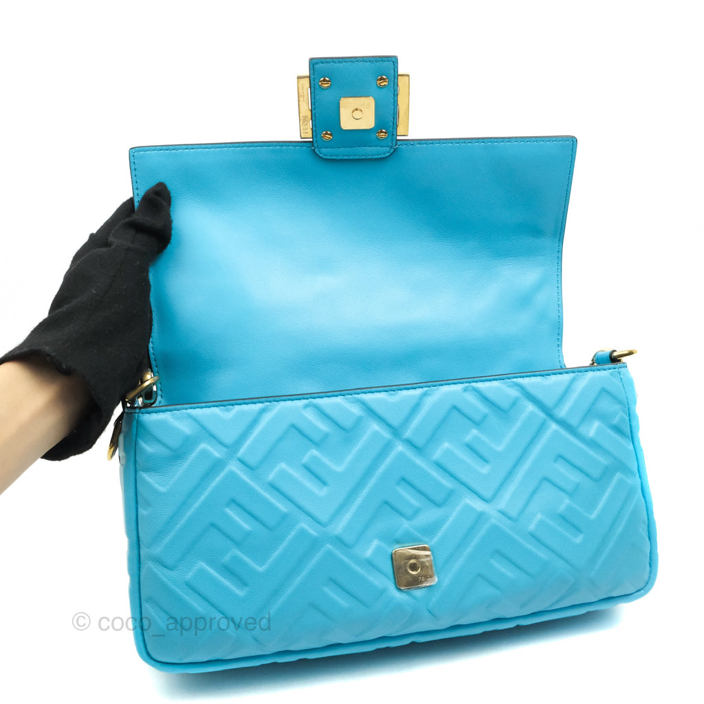 Fendi Medium Baguette Bag Blue Calfskin Gold Hardware