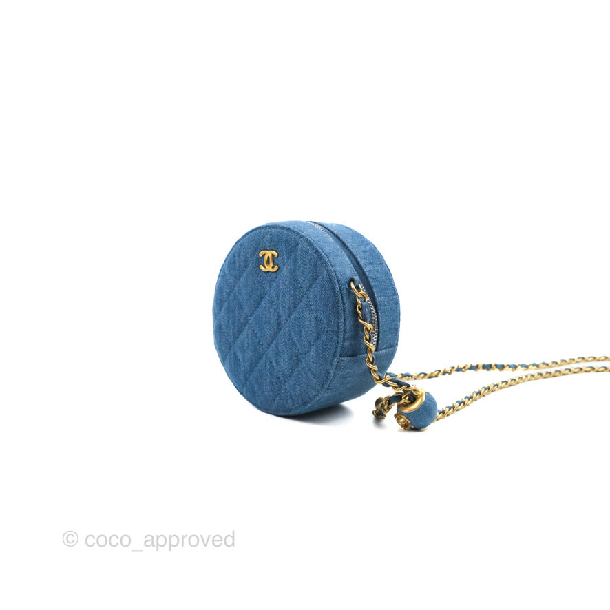 Chanel Quilted Pearl Crush Round Clutch With Chain Denim Aged Gold Hardware