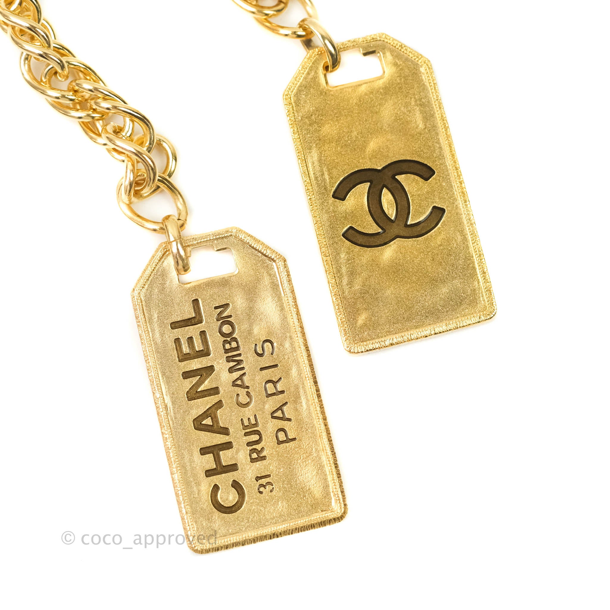 Chanel Metal Tag Charm Necklace Gold Tone – Coco Approved Studio