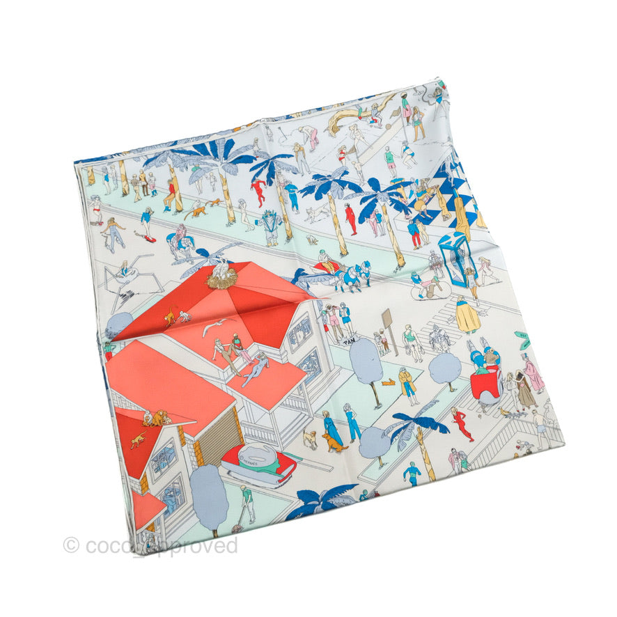 Hermes On The Beach Scarf 90 Gris Argent / Bleu / Grenadine – Coco