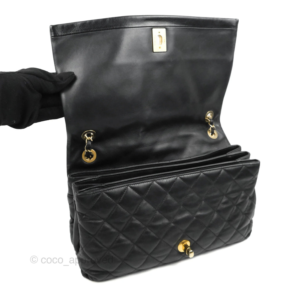 Chanel Soft Elegance Flap Bag Calfskin Black Aged Gold Hardware Coco Approved Studio
