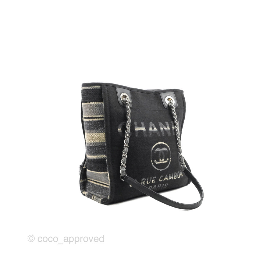 Chanel Mini Deauville Tote Black Stripe Canvas Silver Hardware