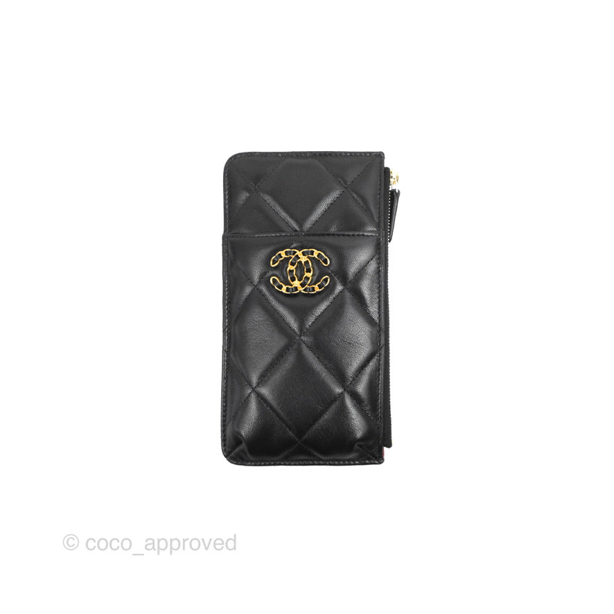 Chanel 19 Phone Holder Long Zip Wallet Black Goatskin Gold Hardware