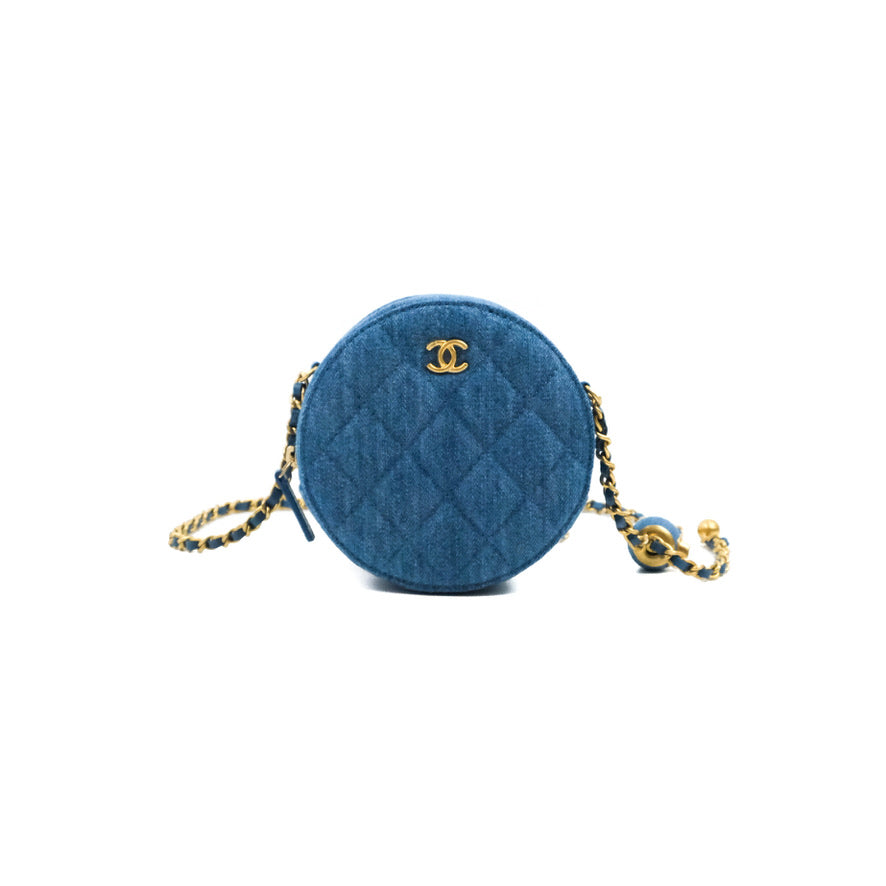 Chanel Quilted Pearl Crush Round Clutch With Chain Denim Aged Gold Har – Coco  Approved Studio