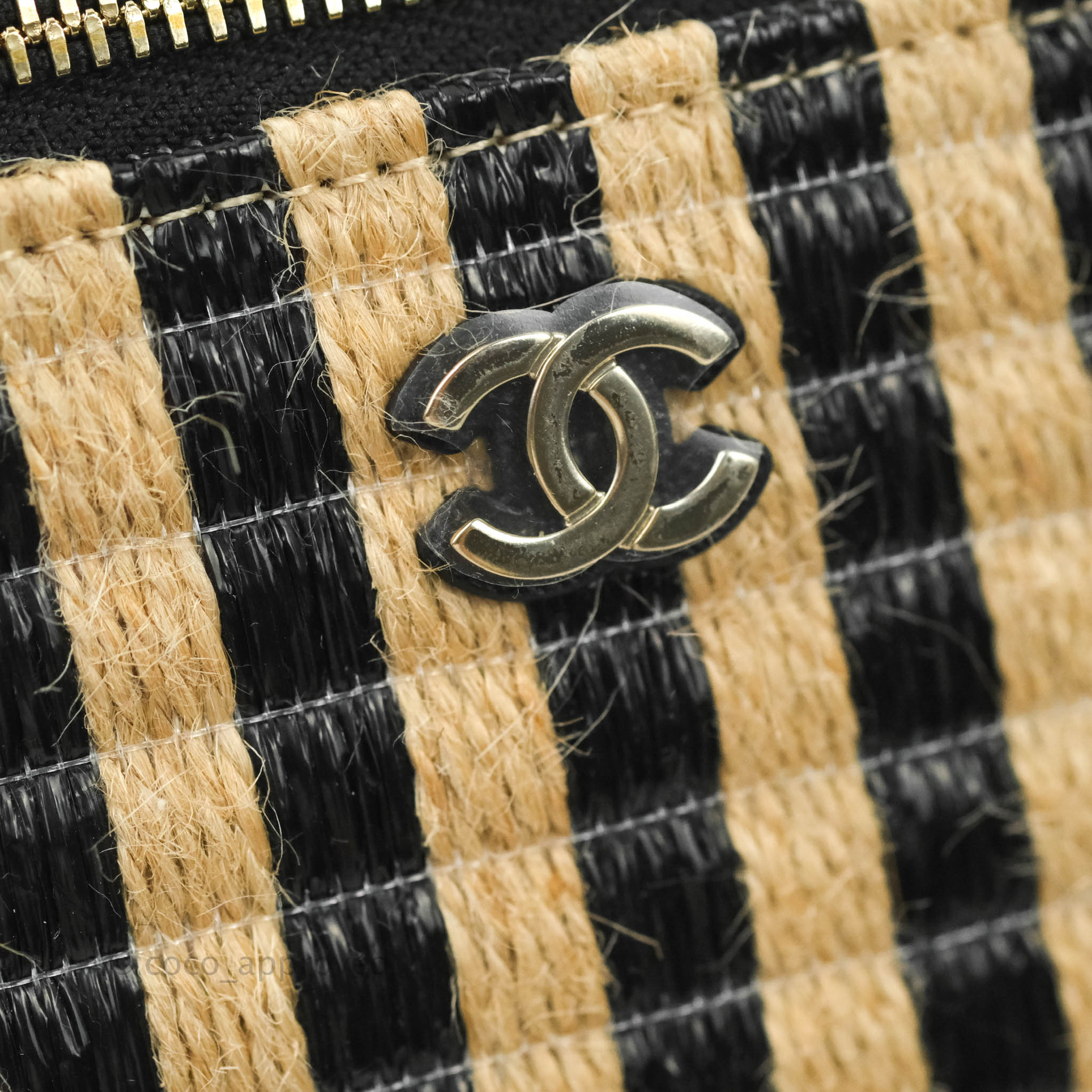 NEW CHANEL RAFFIA JUTE STRIPED MINI VANITY CASE RED GOLD HW