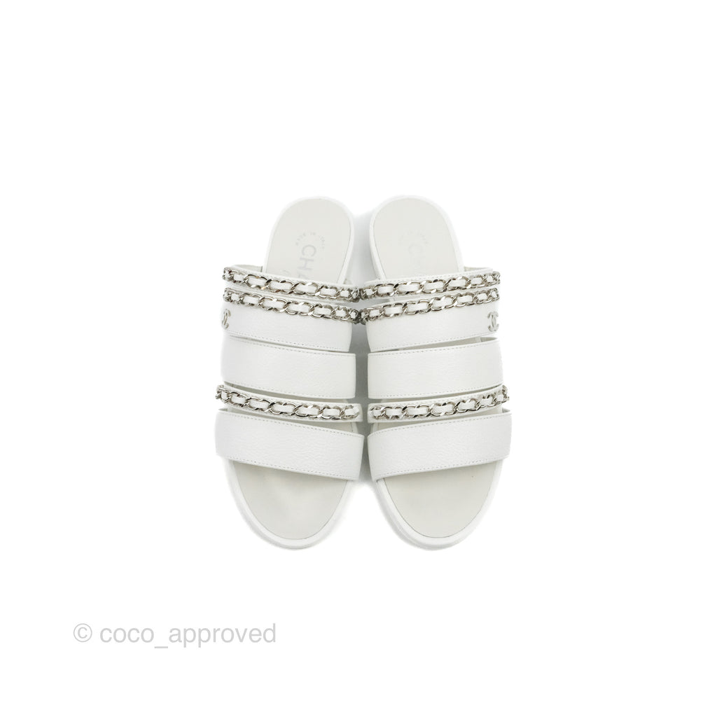 Chanel CC Chain Sandals White Silver Hardware Size 34.5