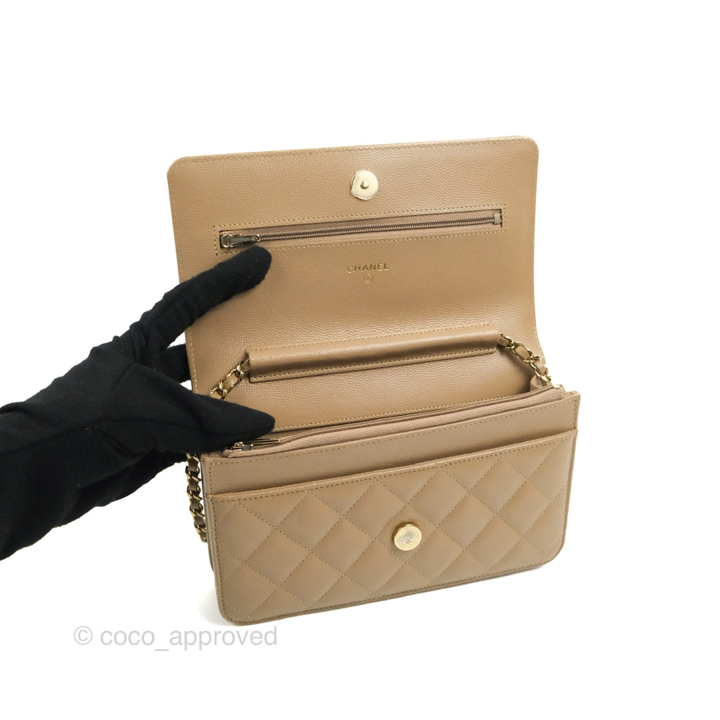 Chanel Quilted Classic Wallet on Chain WOC Dark Beige Caviar Gold Hardware