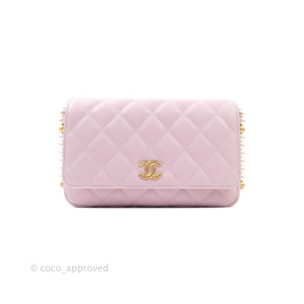 Chanel Quilted Wallet On Chain WOC With Pearl Chain Pink Aged Gold Hardware