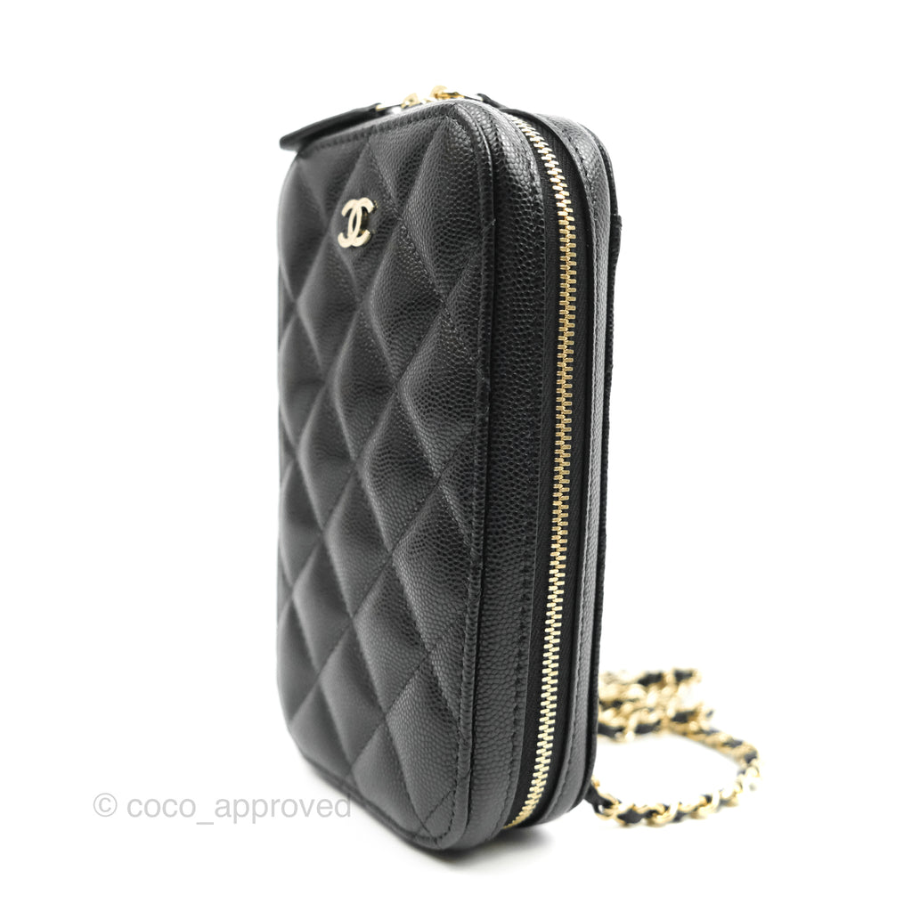 Chanel Quilted WOC Phone Holder Black Caviar Gold Hardware