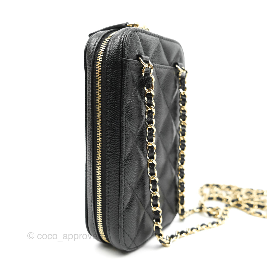 Chanel Quilted WOC Phone Holder Black Caviar Gold Hardware