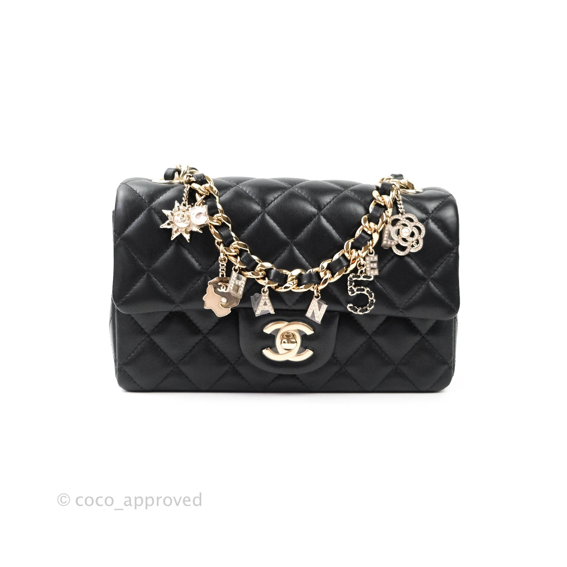 CHANEL, Bags, Chanel Black Lambskin Quilted Mini Rectangular Coco Charms  Flap Bag Full Set