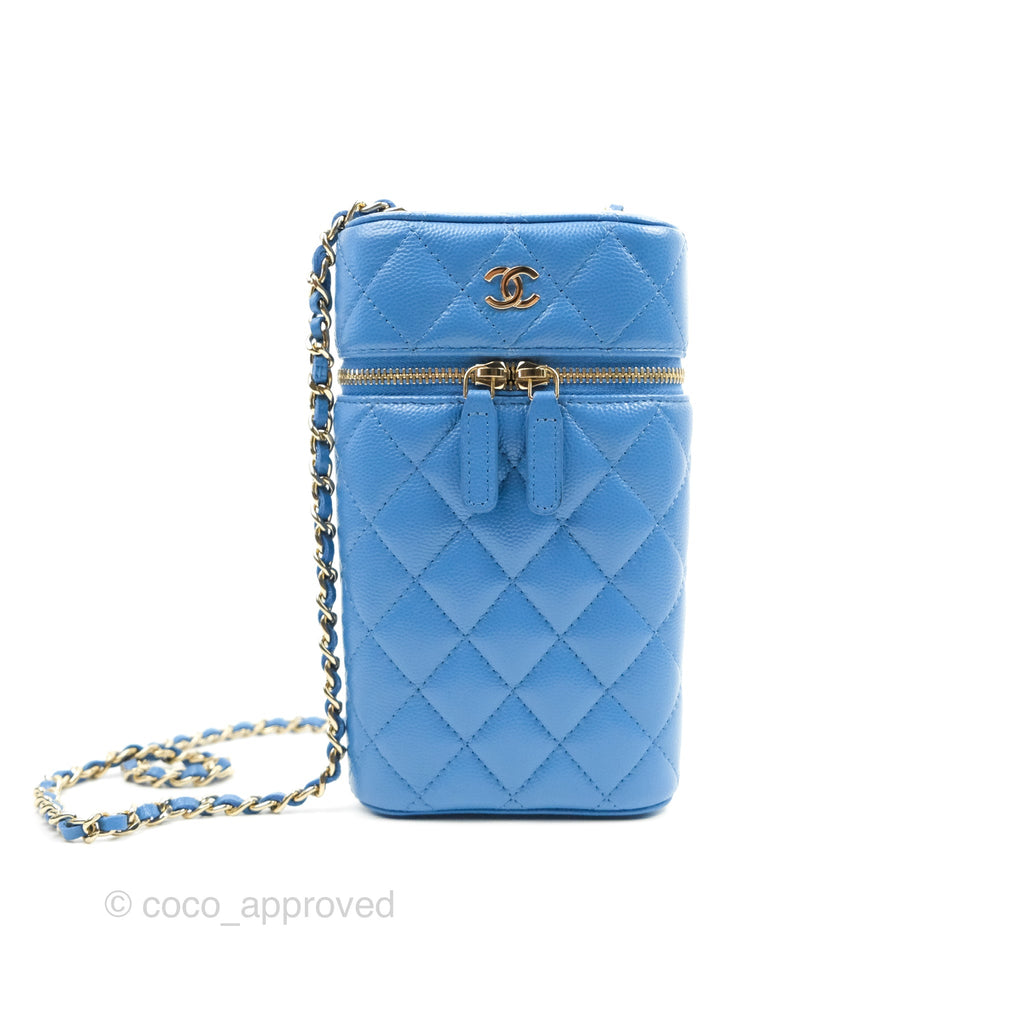 Chanel Quilted Vanity Phone Holder With Chain Blue Caviar Gold Hardware