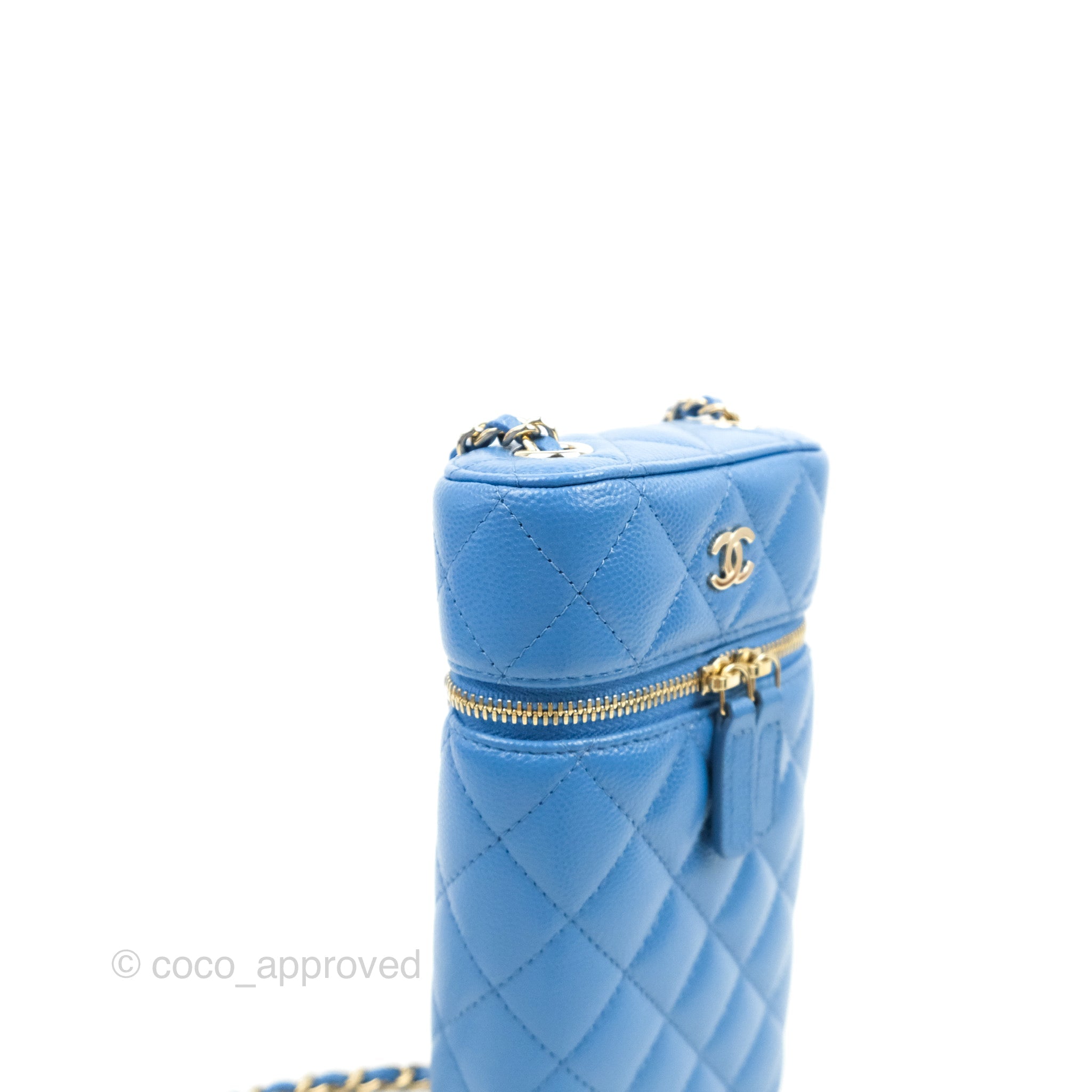 Chanel Quilted Vanity Phone Holder With Chain Blue Caviar Gold Hardwar –  Coco Approved Studio