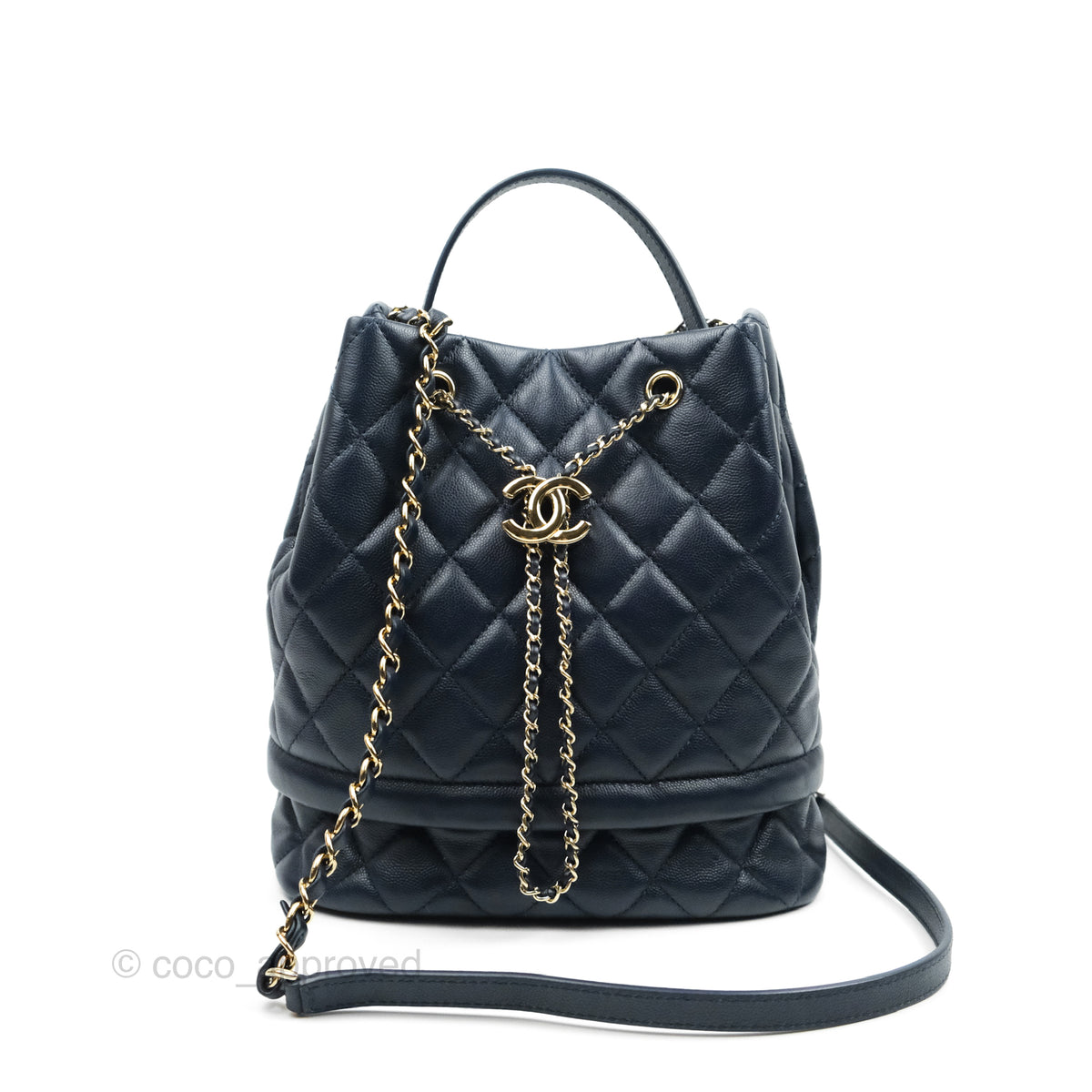 Chanel Medium Quilted Rolled Up Bucket Drawstring Bag Navy Caviar Gold  Hardware