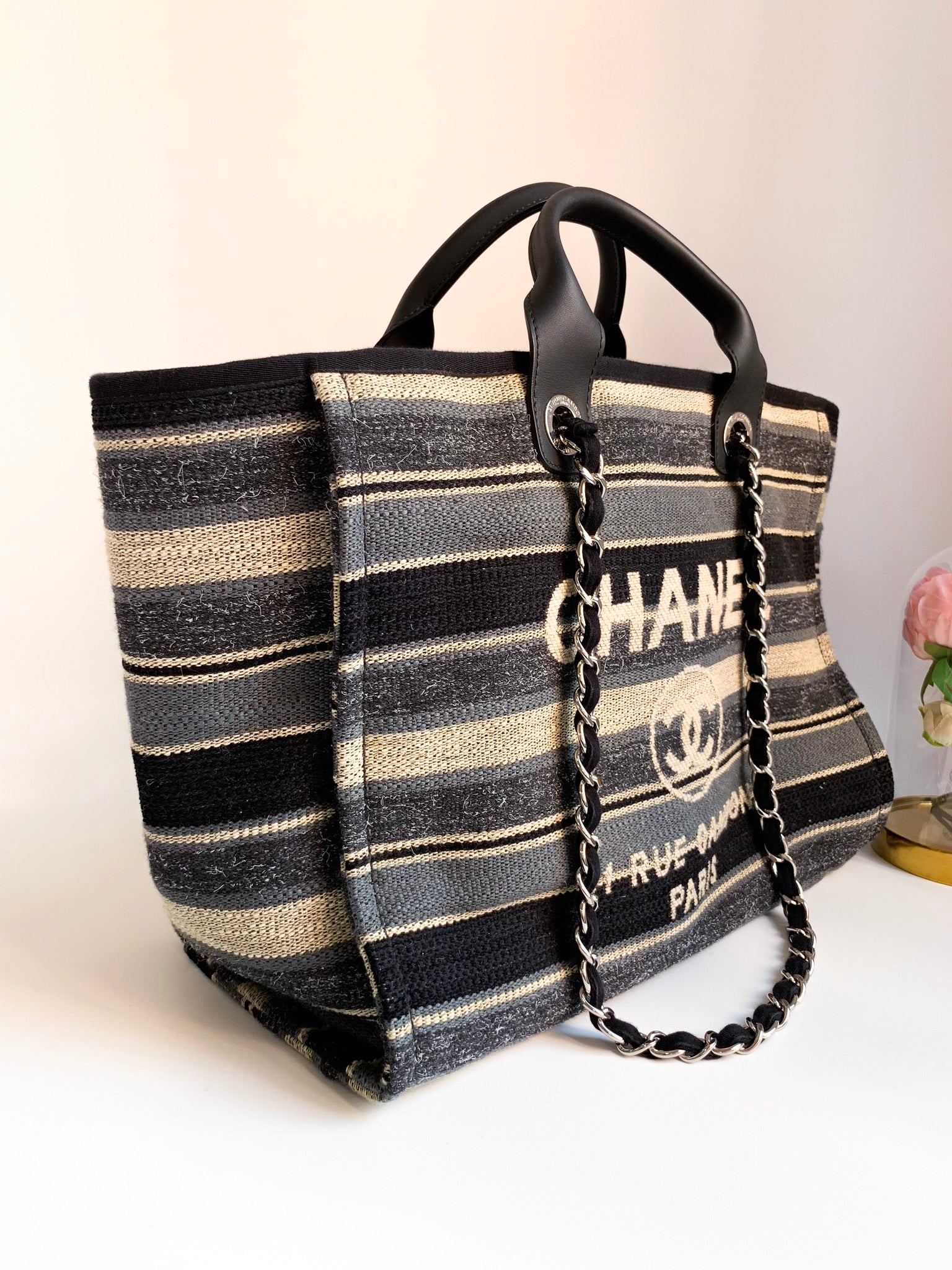 CHANEL Deauville Medium Striped Tweed Canvas Tote Bag Black/Grey