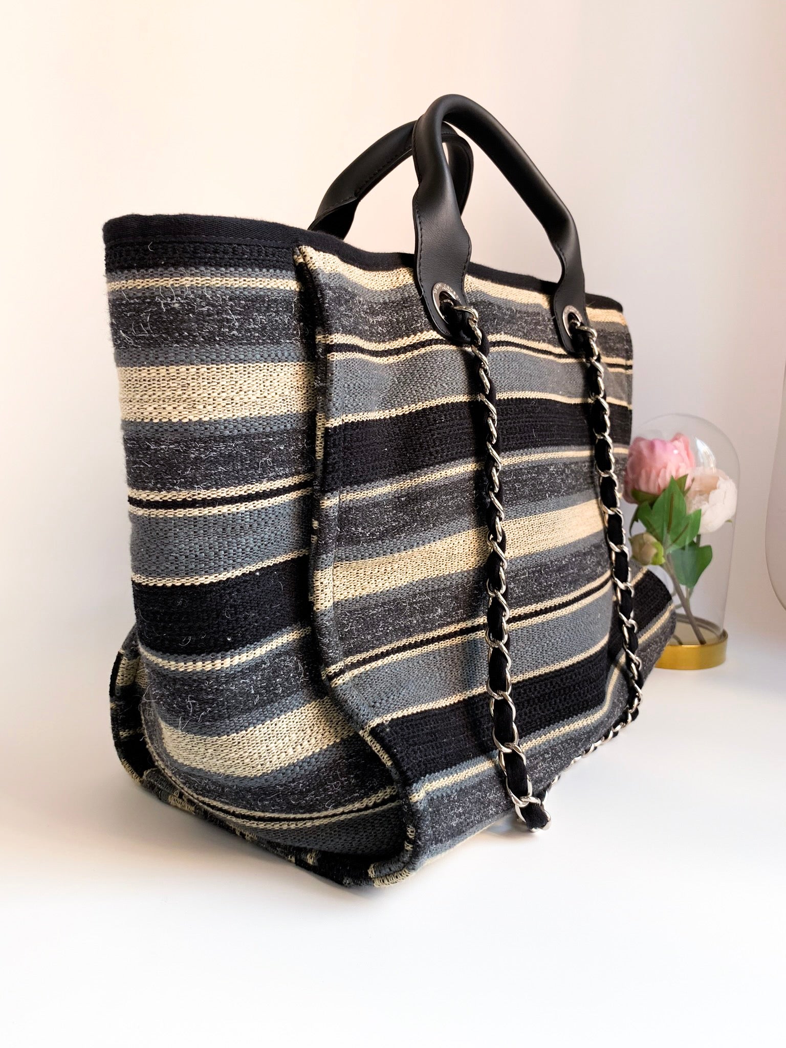 Chanel Canvas Large Deauville Tote Black Grey Stripe 18A⁣ – Coco Approved  Studio