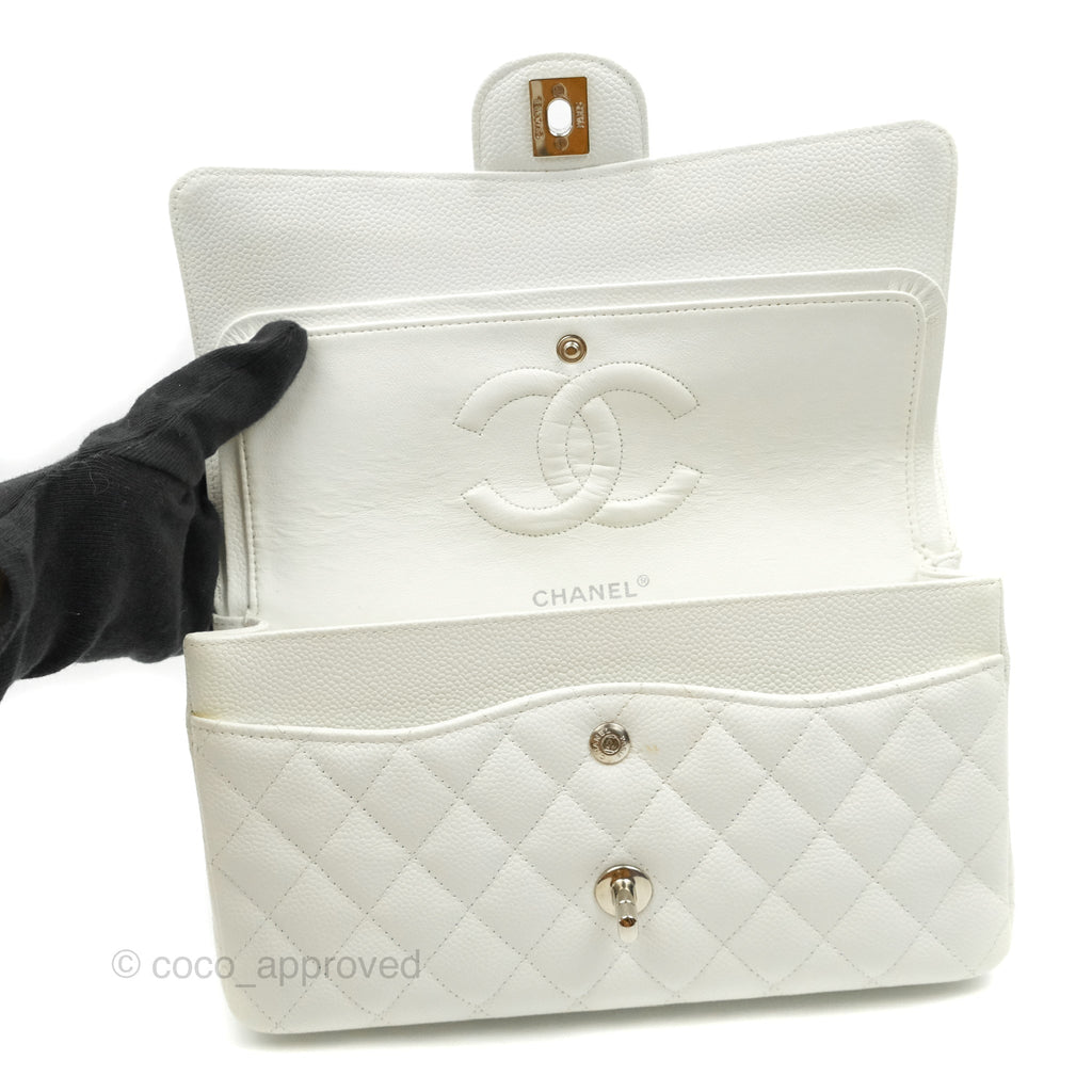 Chanel Quilted M/L Medium Double Flap White Caviar Silver Hardware