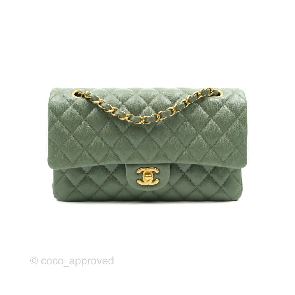 Chanel Quilted M/L Medium Double Flap Iridescent Olive Green Caviar Aged Gold Hardware 18C