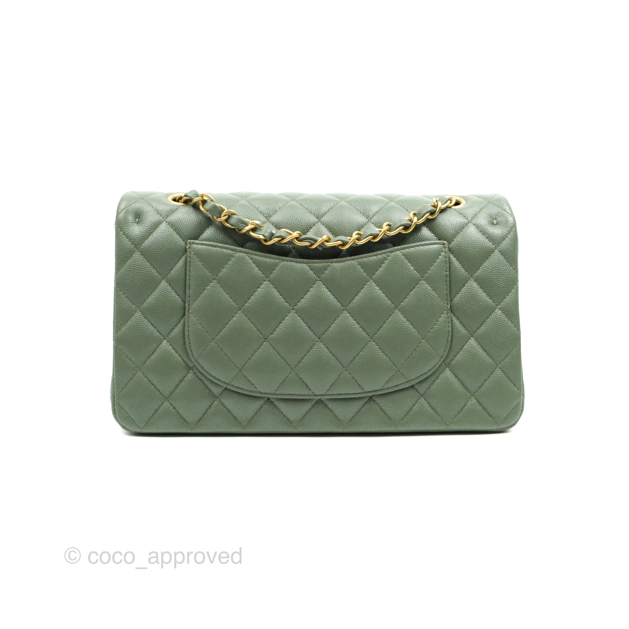 Chanel Medium Classic Double Flap Bag Green Caviar Light Gold Hardware