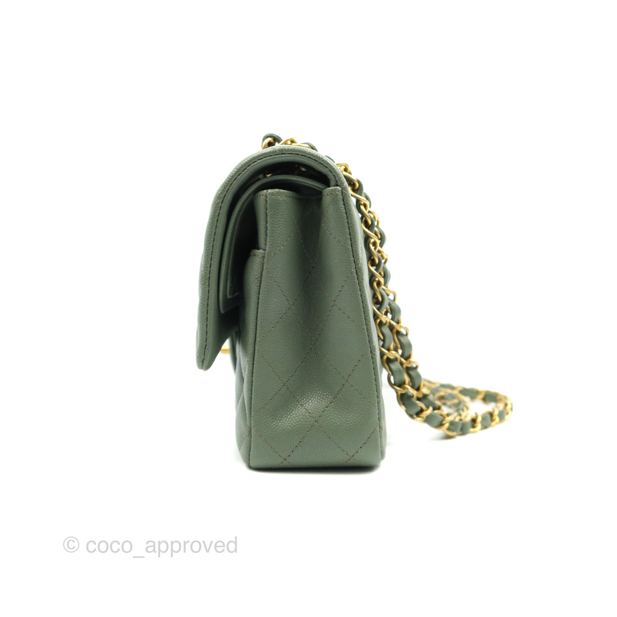 Chanel Quilted M/L Medium Double Flap Iridescent Olive Green Caviar Ag –  Coco Approved Studio