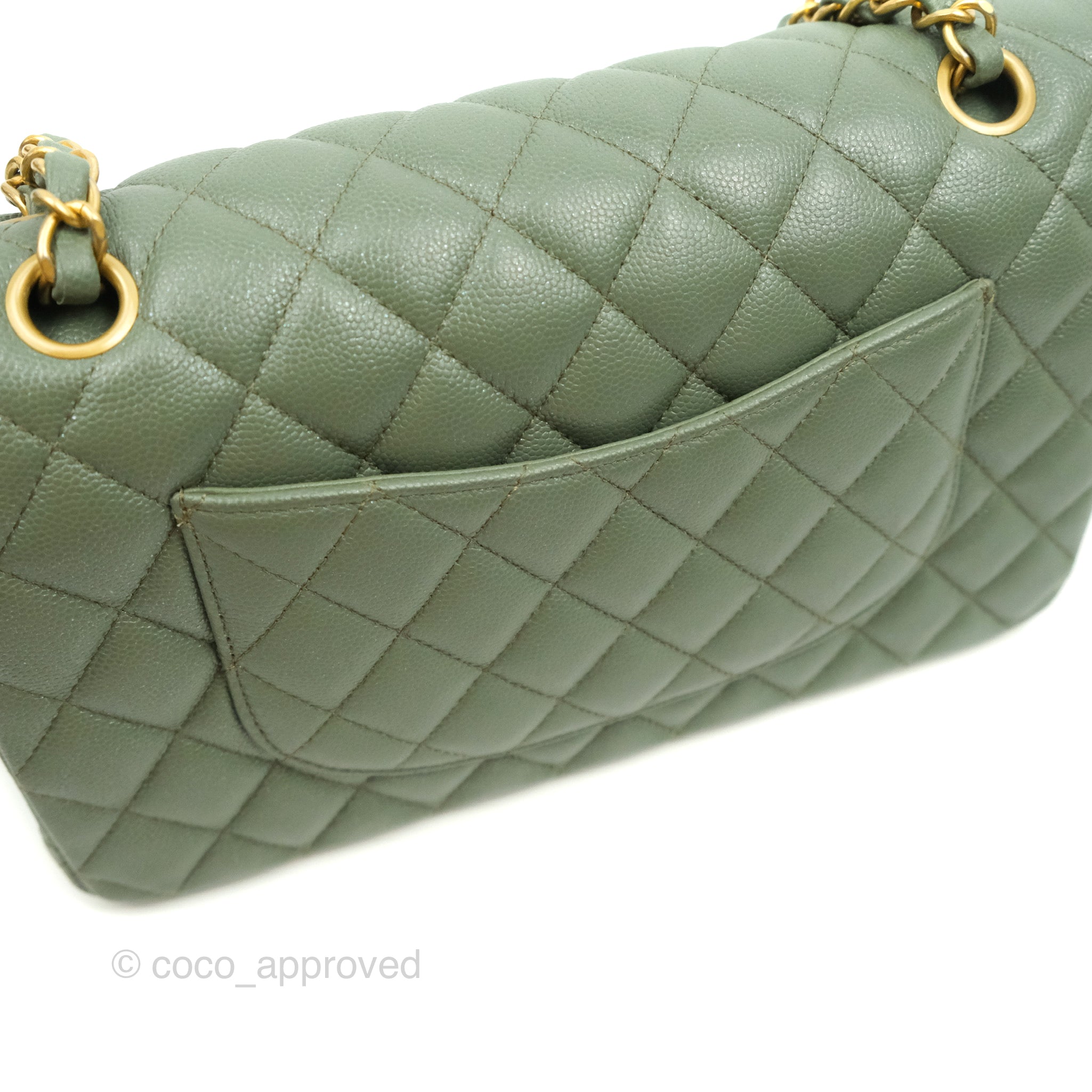 Chanel Green Quilted Caviar Medium Double Flap Bag Light Gold