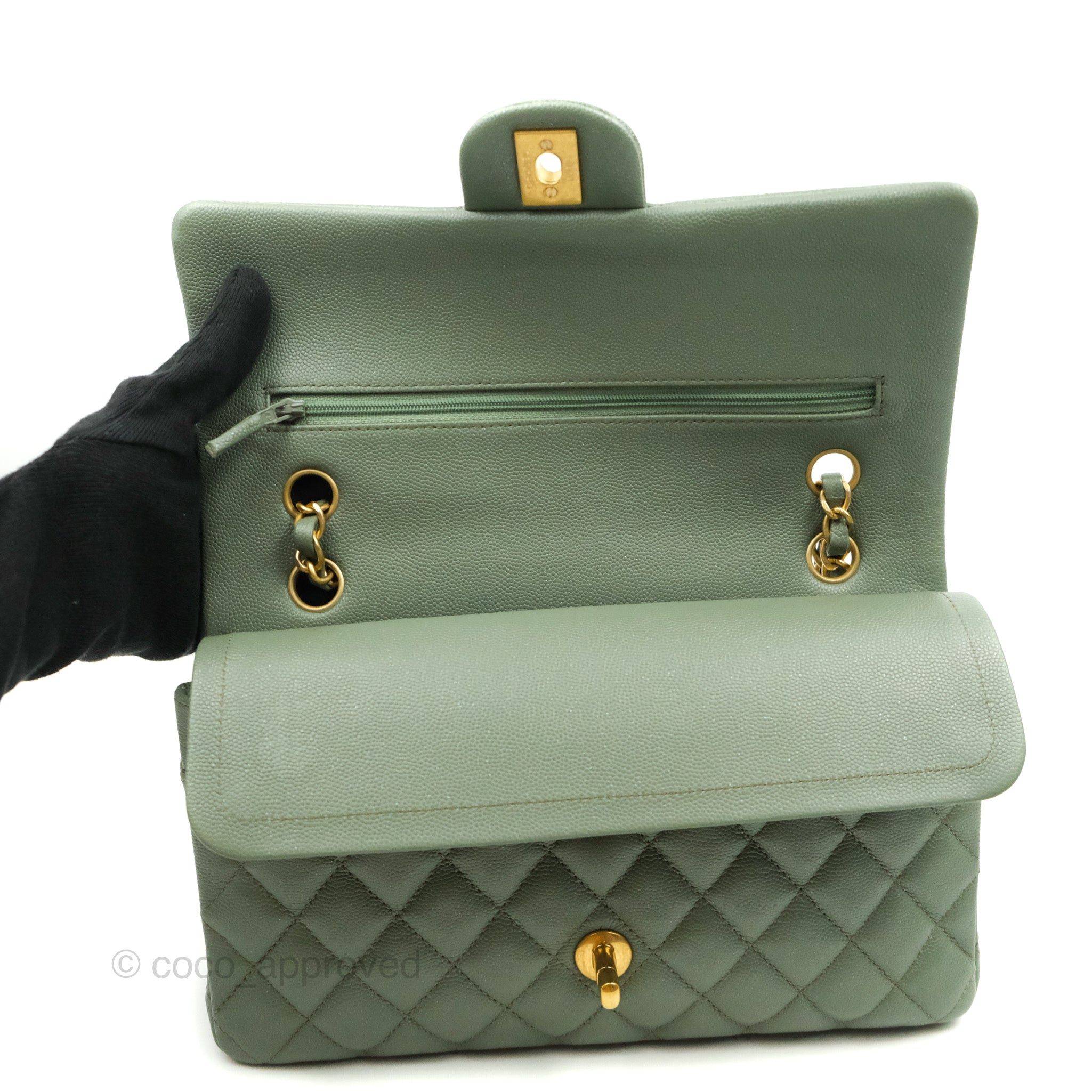 Chanel Quilted M/L Medium Double Flap Iridescent Olive Green Caviar Ag – Coco  Approved Studio