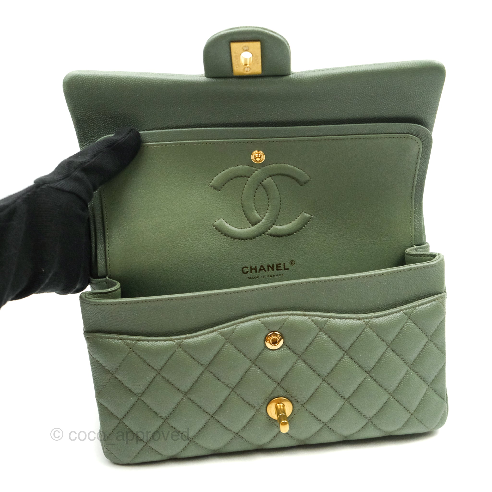 Chanel Quilted M/L Medium Double Flap Iridescent Olive Green Caviar Ag –  Coco Approved Studio