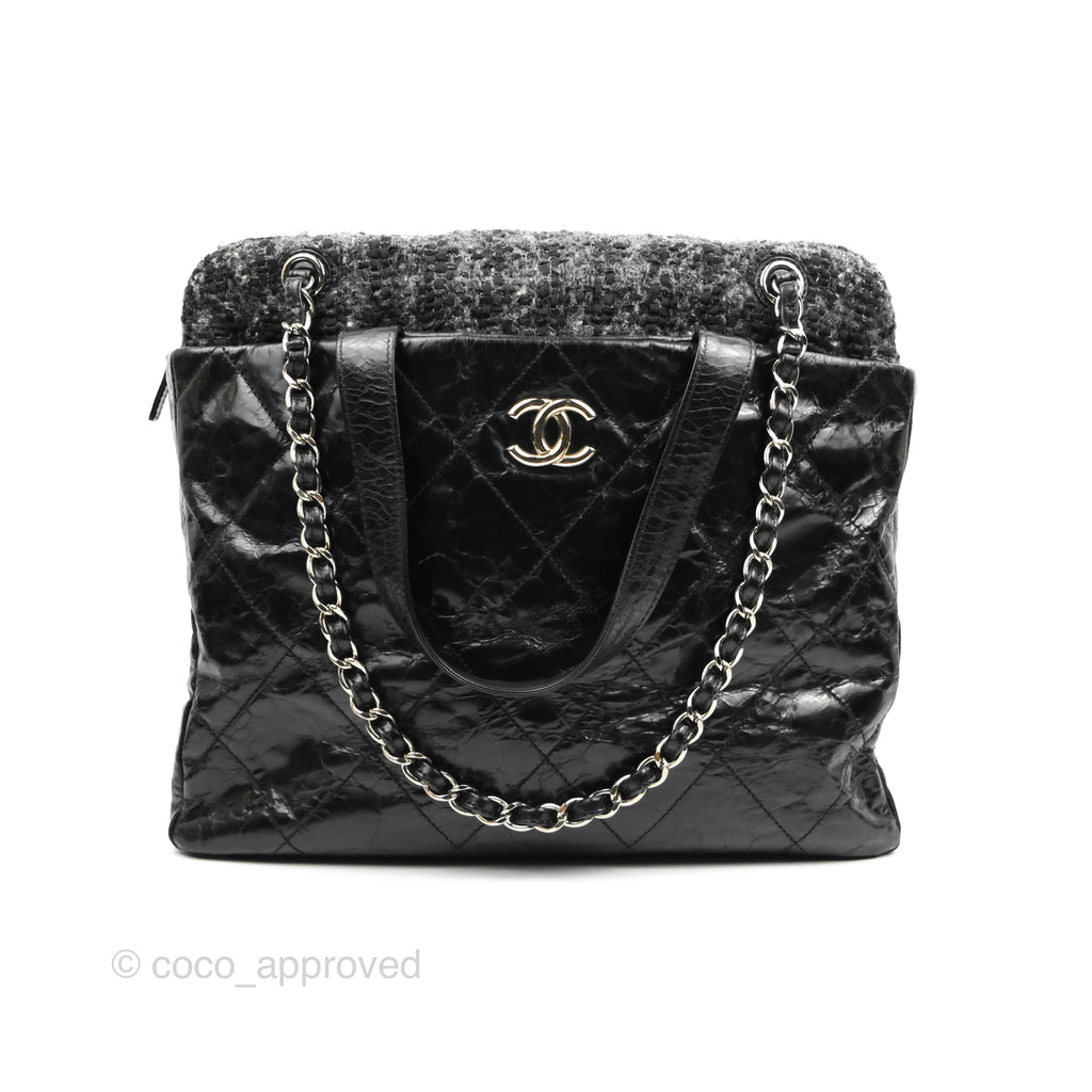 Chanel Black Glazed Calfskin & Tweed Bowling Bag Silver Hardware