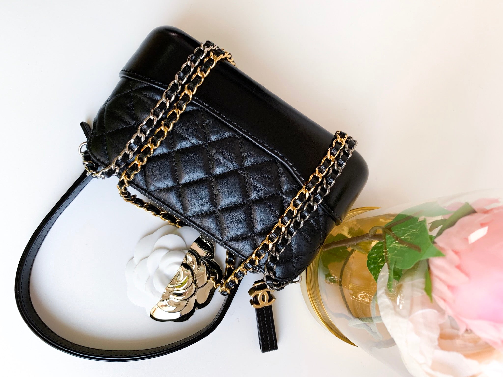 CHANEL Aged Calfskin Quilted Small Gabrielle Clutch With Chain Beige Black  1253985