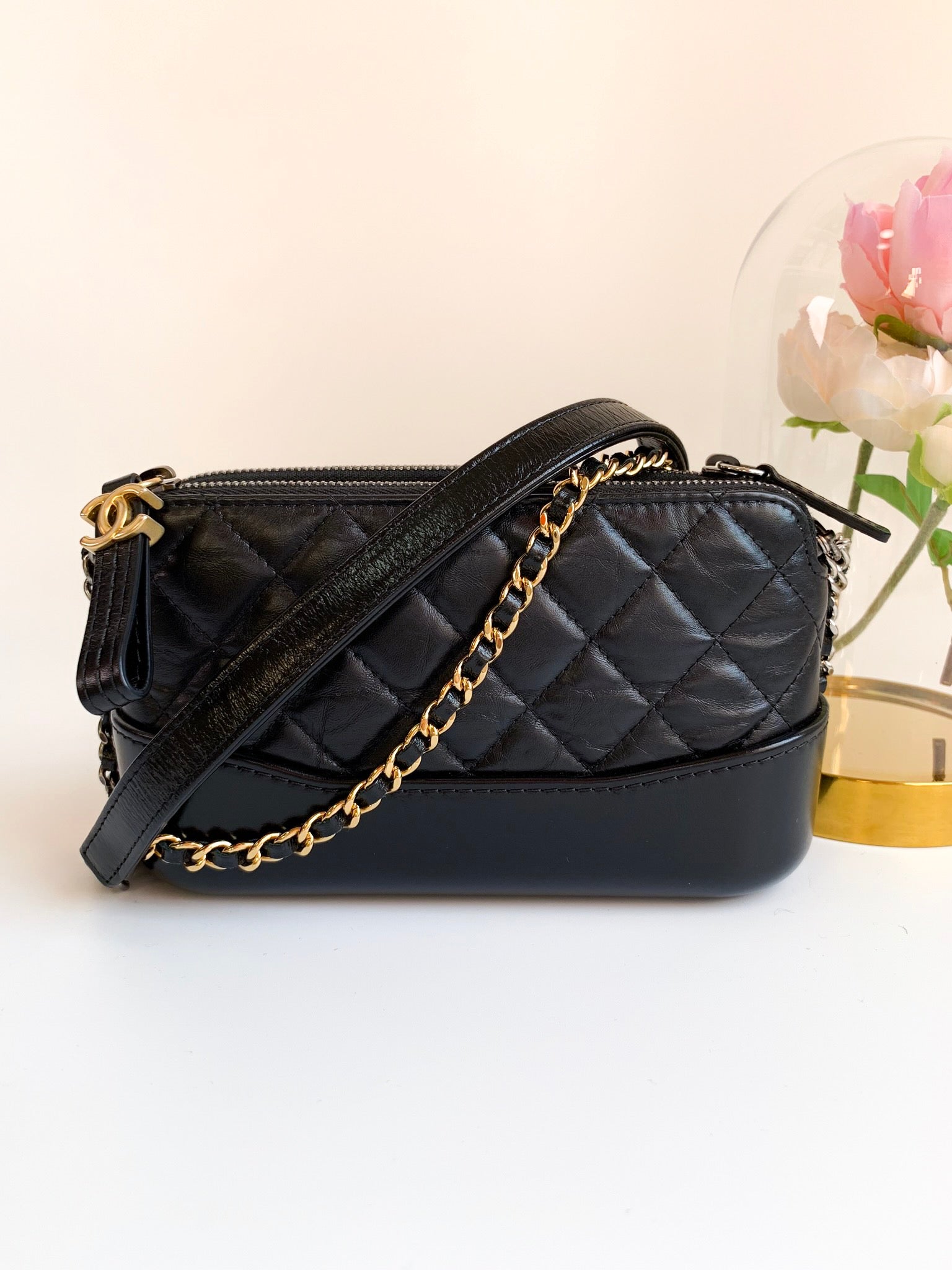 CHANEL Aged Calfskin Quilted Small Gabrielle Clutch With Chain Navy Black  1246803