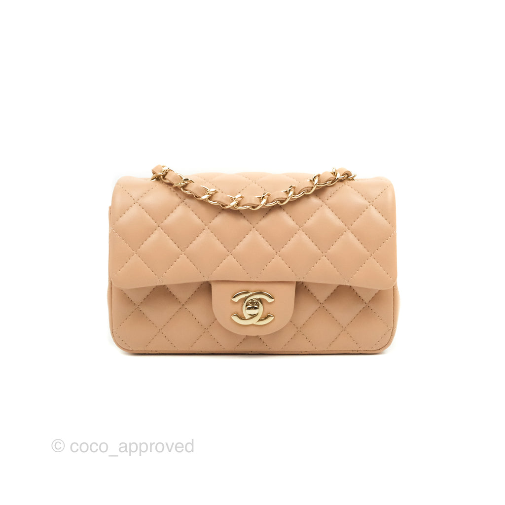 Chanel Mini Rectangular Flap Quilted Beige Pink Lambskin Gold Hardware