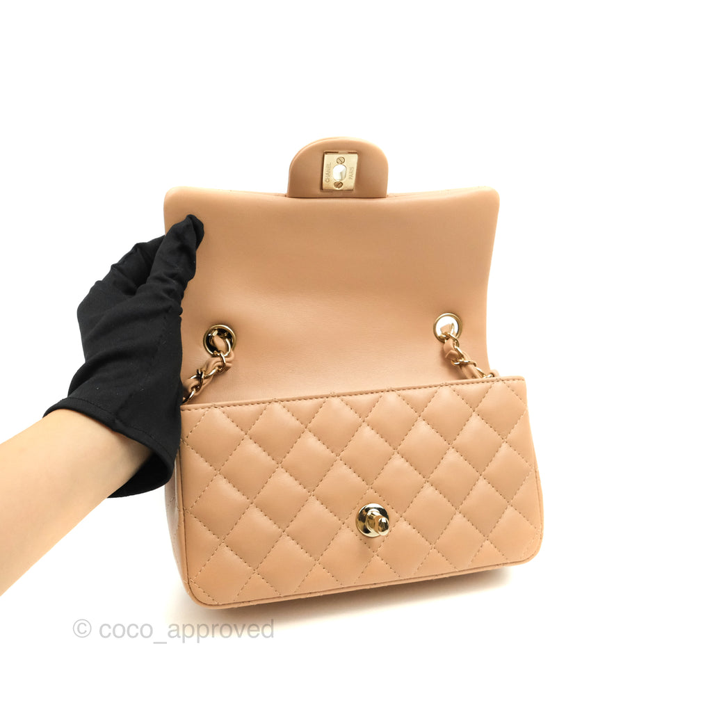 Chanel Mini Rectangular Flap Quilted Beige Pink Lambskin Gold Hardware