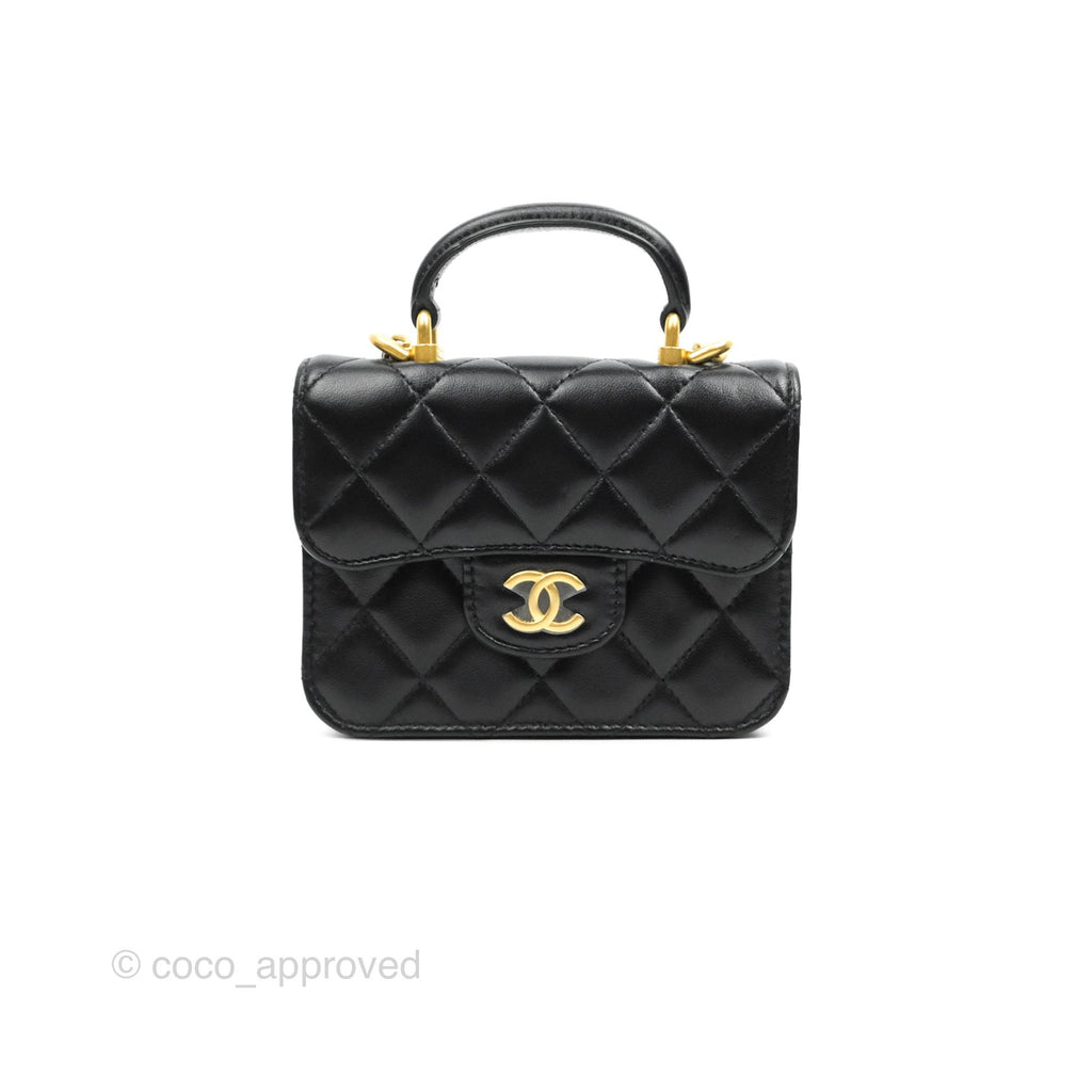 Chanel Grey Quilted Lambskin Top Handle Micro Clutch with Chain Pale Gold Hardware (Like New), Womens Handbag