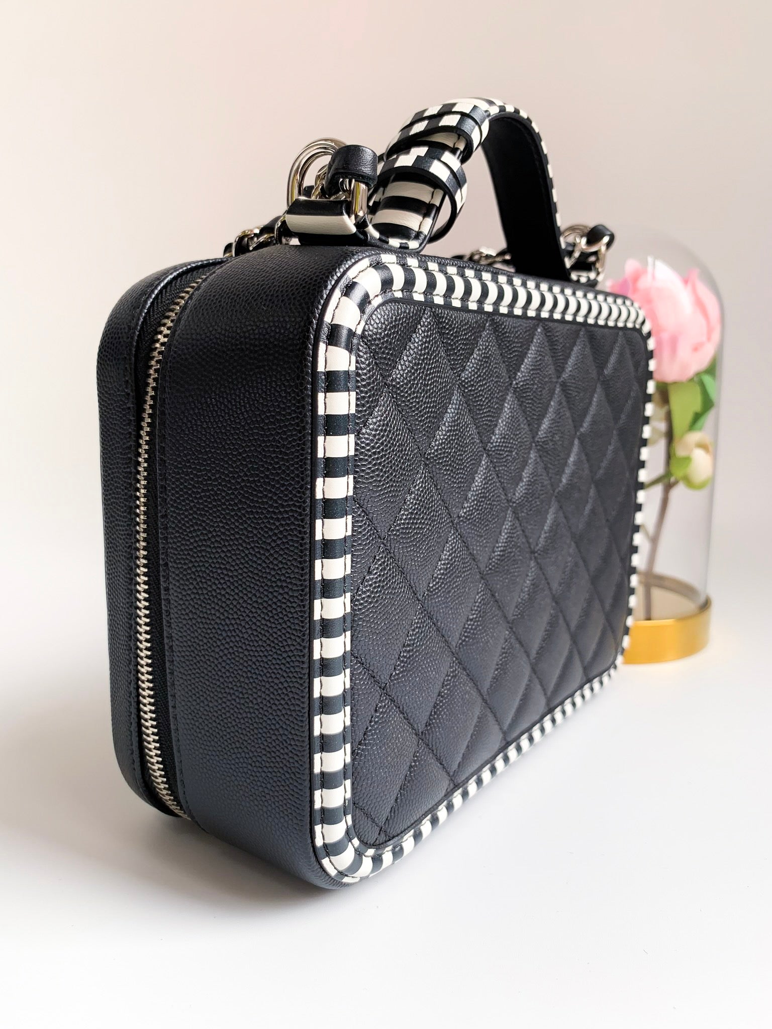 Chanel Caviar Quilted Striped Medium CC Filigree Vanity Case Black Whi –  Coco Approved Studio