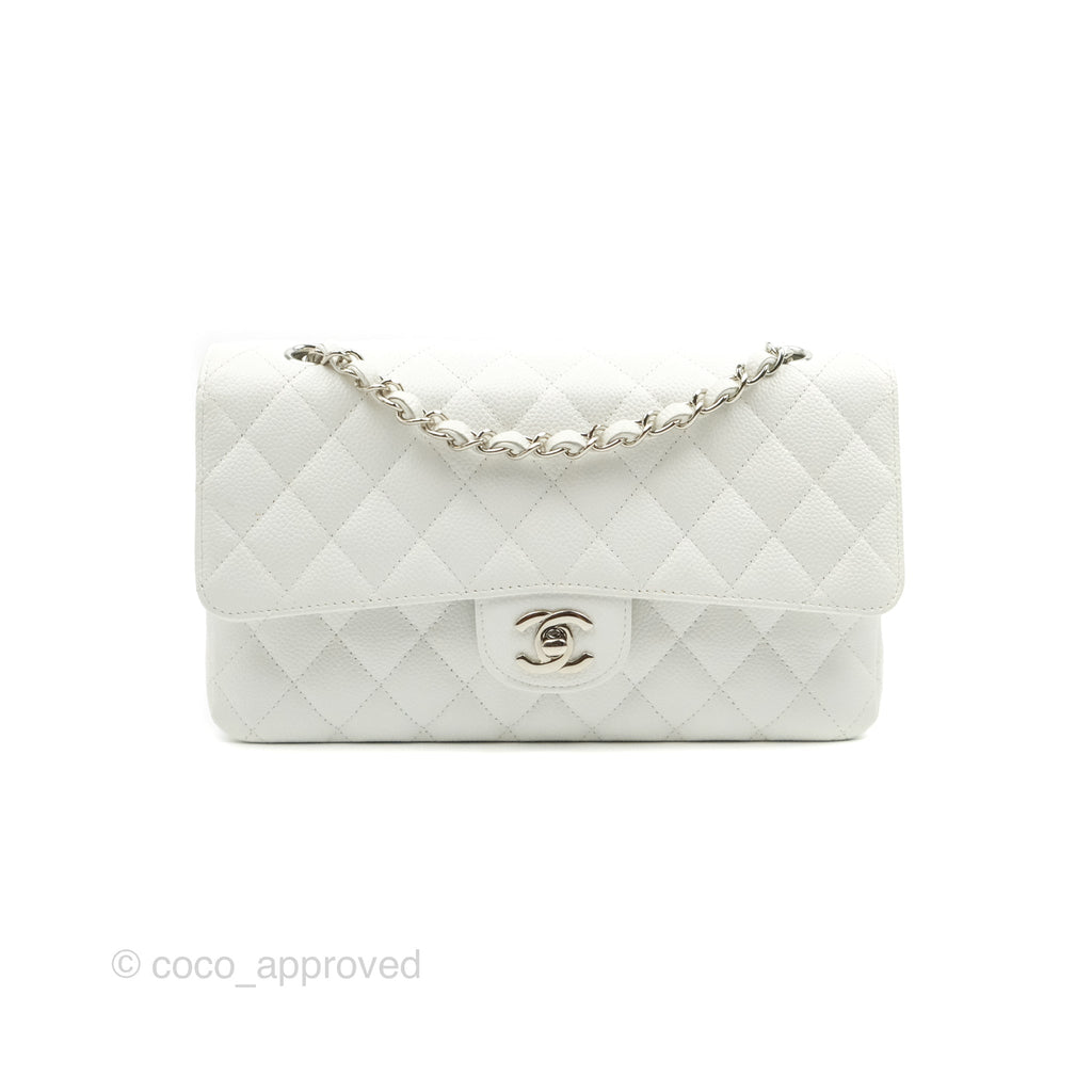 Chanel Quilted M/L Medium Double Flap White Caviar Silver Hardware