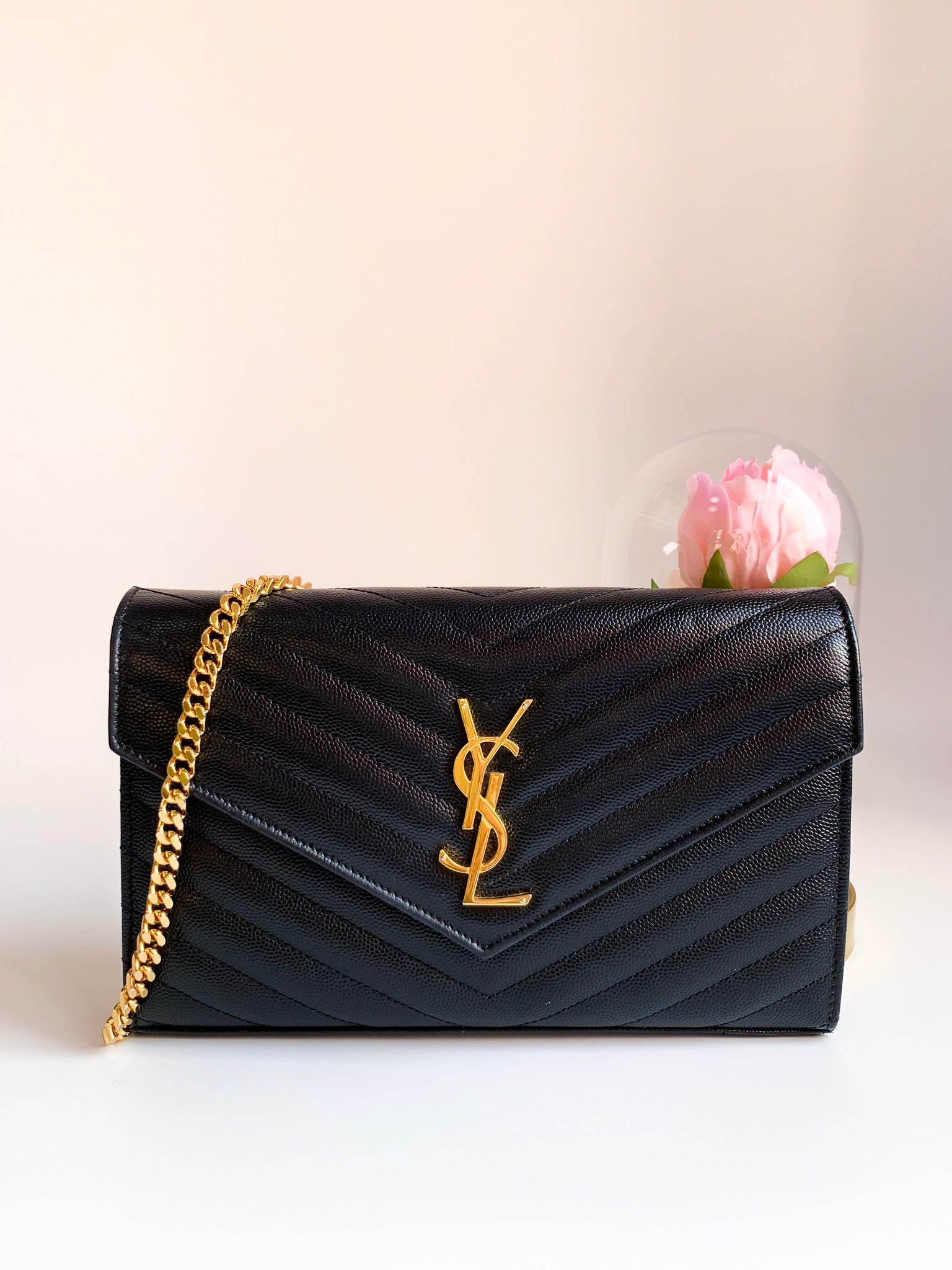 Saint Laurent YSL Medium / Large Wallet on Chain WOC in Red Grained Leather  and GHW
